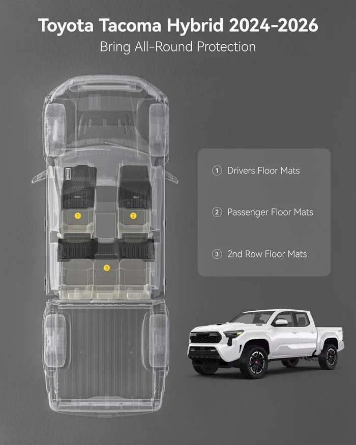 3W Floor Mats Fit for Toyota Tacoma Hybrid 2024 2025 2026 with Metal Pedals, TPE All Weather Custom Fit Floor Liner for Tacoma Accessories 1st and 2nd Row Full Set Car Mats Easy Clean, Black
