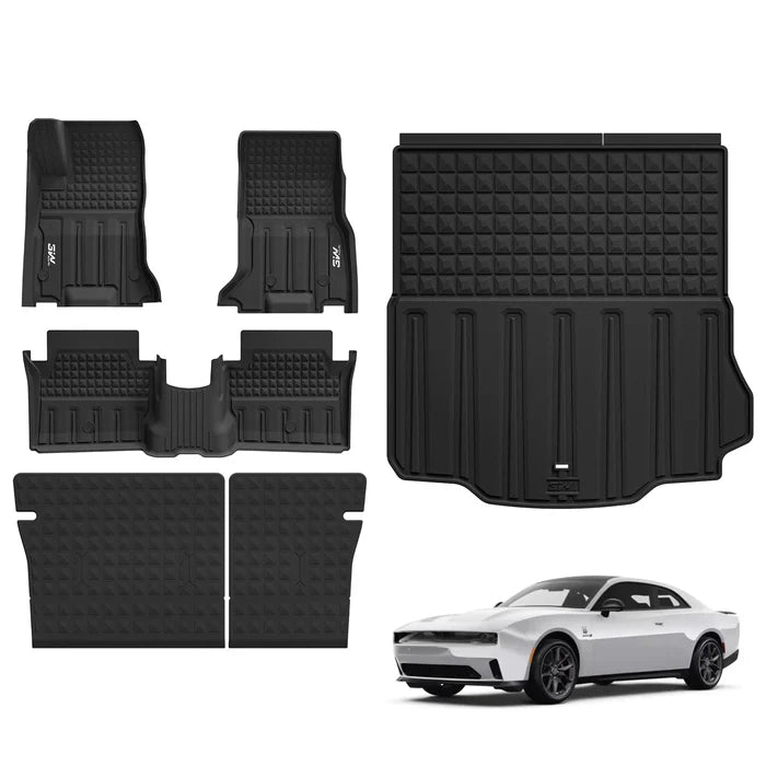 3W Floor Mats & Cargo Liner & Seatback Mats for 2024-2025 2026 Dodge Charger EV Daytona (Fit 2-Door, Not for 4-Door) Scat Pack & R/T, All Weather TPE Custom Fit Car Mats Floor Liners Full Set, Black