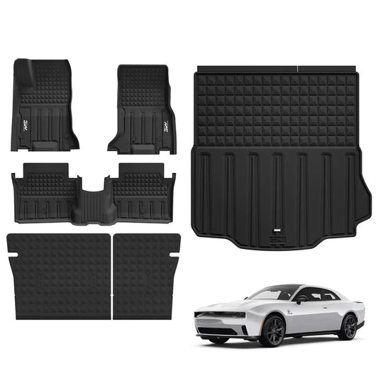 3W Floor Mats & Cargo Liner & Seatback Mats for 2024-2025 2026 Dodge Charger EV Daytona (Fit 2-Door, Not for 4-Door) Scat Pack & R/T, All Weather TPE Custom Fit Car Mats Floor Liners Full Set, Black