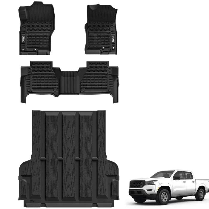 3W Floor Mats & Truck Bed Mat for Nissan Frontier 2025 2024 2023 2022 Crew Cab(NOT for 2nd with Under Seat Speaker), All Weather TPE Custom Fit Car Liner for Frontier