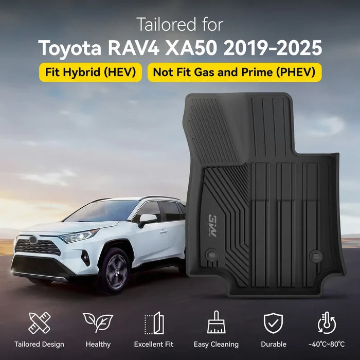 3W Custom-fit black floor mat tailored for Toyota RAV4 XA50 2019-2025 Hybrid (HEV) models, shown next to a white RAV4 SUV. Features durable, all-weather protection and easy cleaning. Note: Does not fit Gas or Prime (PHEV) models.