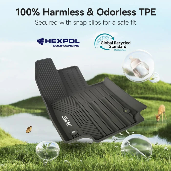 3W Custom-fit black floor mat tailored for Toyota RAV4 XA50 2019-2025 Hybrid (HEV) models, shown next to a white RAV4 SUV. Features durable, all-weather protection and easy cleaning. Note: Does not fit Gas or Prime (PHEV) models.