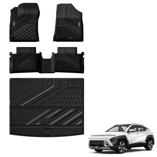3W Floor Mats & Cargo Liner Compatible with Hyundai Kona 2026 2025 2024 (Gas Models Only), TPE All-Weather Heavy Duty Custom Fit Car Accessories Full Set, Black (Not for EV/Hybrid)
