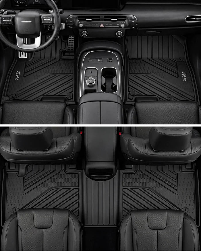 Premium bird's-eye view of 3W all-weather custom TPE floor mats beautifully fitted in the front driver, passenger, and second-row seating areas of the 2024-2026 Hyundai Santa Fe interior.