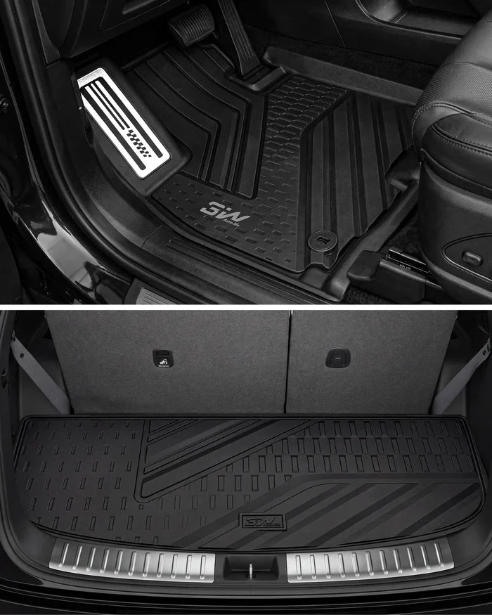 Real installation shot showing the 3W driver-side floor mat with deep-well tread patterns and the flush-fitted rear trunk cargo liner protecting the carpet of a 2024-2026 Hyundai Santa Fe.