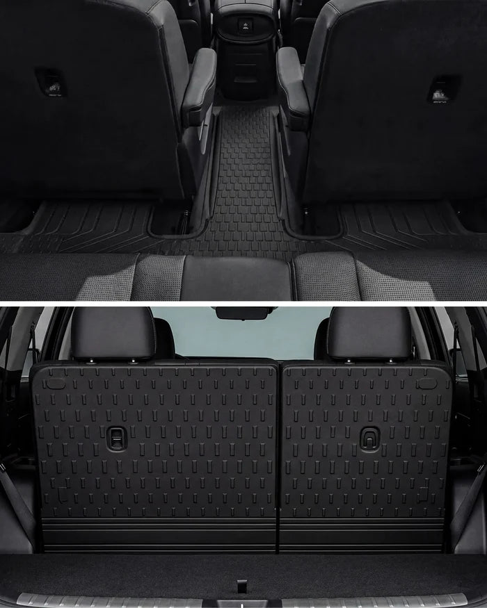 Split view showcasing the 3W custom-fit second and third-row aisle floor liners, alongside the rear split-folding seat back covers installed inside the 2024-2026 Hyundai Santa Fe cabin.