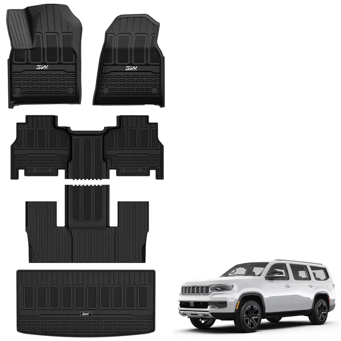 3W Floor Mats & Cargo Liner for Jeep Wagoneer 2022-2026 7-Seat (NOT for 8-Seat/L/S)， with 2nd Row Bench Seat All Weather Protection TPE Full Set Automotive Mat Car Floor Liners Accessories, Black