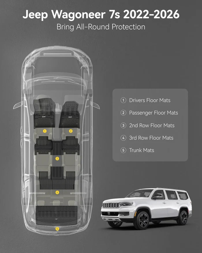 3W Floor Mats & Cargo Liner for Jeep Wagoneer 2022-2026 7-Seat (NOT for 8-Seat/L/S)， with 2nd Row Bench Seat All Weather Protection TPE Full Set Automotive Mat Car Floor Liners Accessories, Black