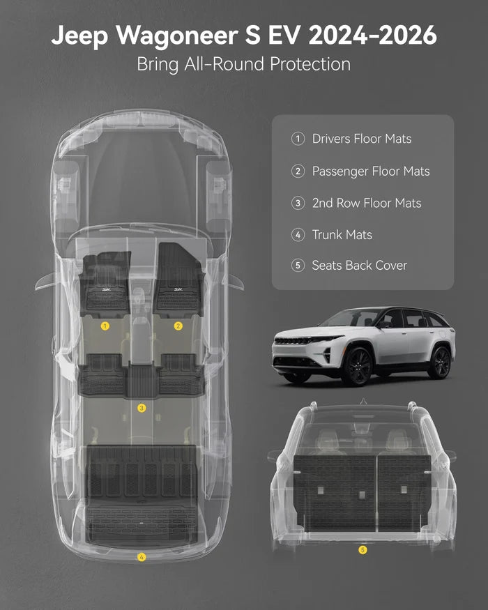 3W Floor Mats & Seat Back Mats & Cargo Liner for 2024-2026 Jeep Wagoneer S EV, All Weather TPE Custom Fit Set Car Floor Mats, Jeep Wagoneer S EV Full Set Floor Mats Accessories, Black