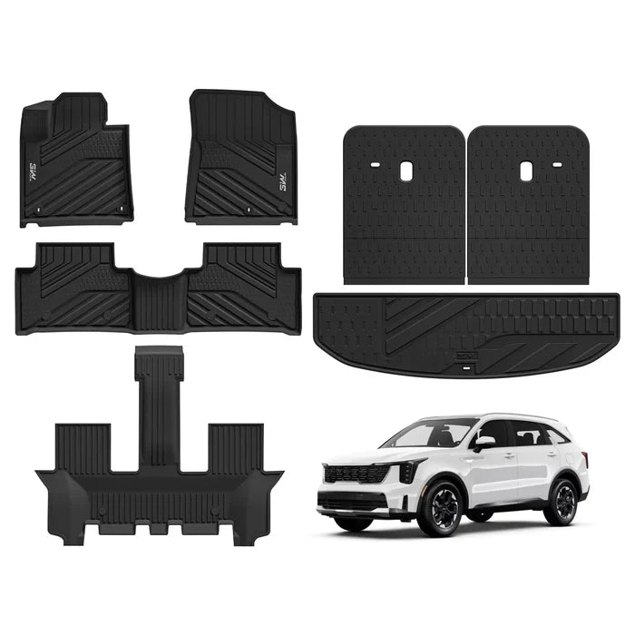 Car Mats & Cargo Liner & Seat Back Protector Set for Kia Sorento 6/7 Seat, All Weather TPE Custom Fit Floor Liners Set, TPE Easy Clean Durable Mats, Car Accessories, Black
