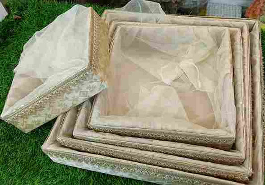 5-set gold square jari lace baskets - full nested set