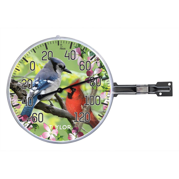 5.25 inch cardinal and blue jay thermometer featuring two perched birds on a green background.