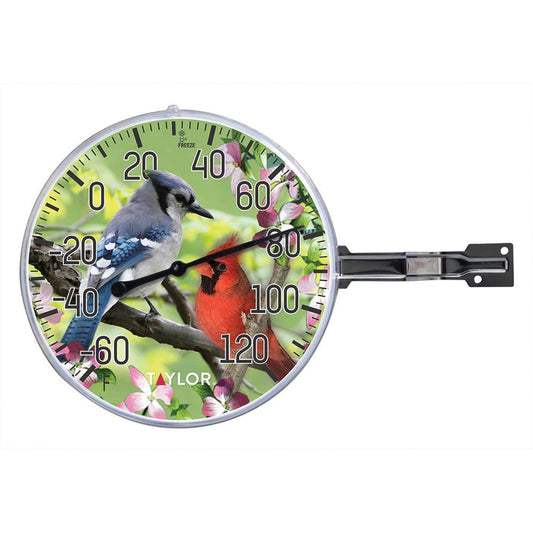 5.25 inch cardinal and blue jay thermometer featuring two perched birds on a green background.