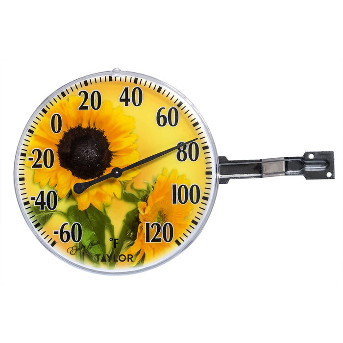 5.25 inch sunflower thermometer with bright yellow sunflowers and bold black numbers.