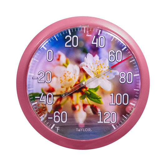 Pink 8.5 inch Cherry Blossom thermometer with floral dial.