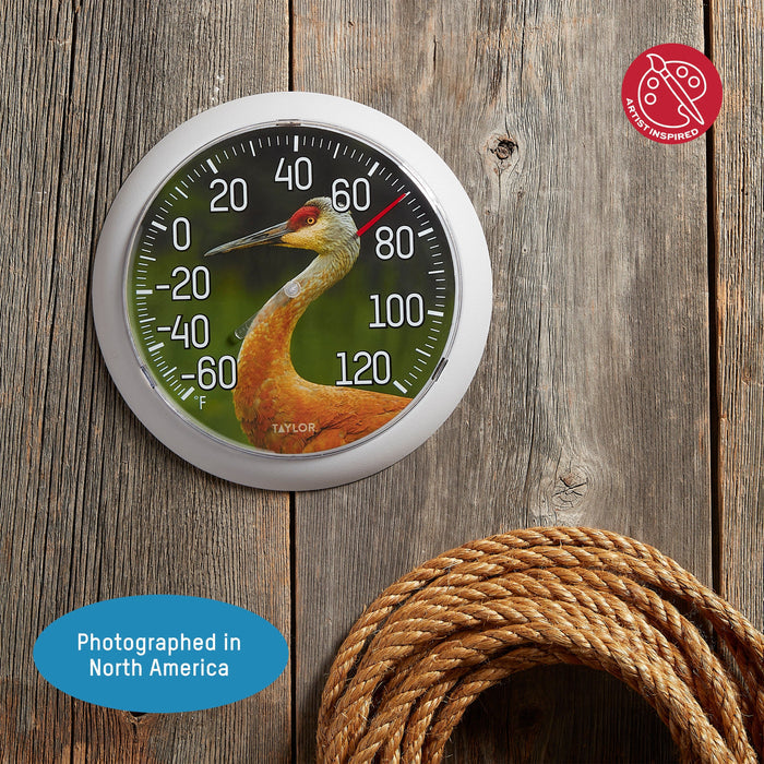 8.5 inch Nature Series Sandhill Crane Thermometer on weathered wood surface