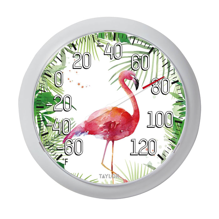 8.5 inch round dial Flamingo thermometer featuring tropical leaves and a flamingo on a white frame