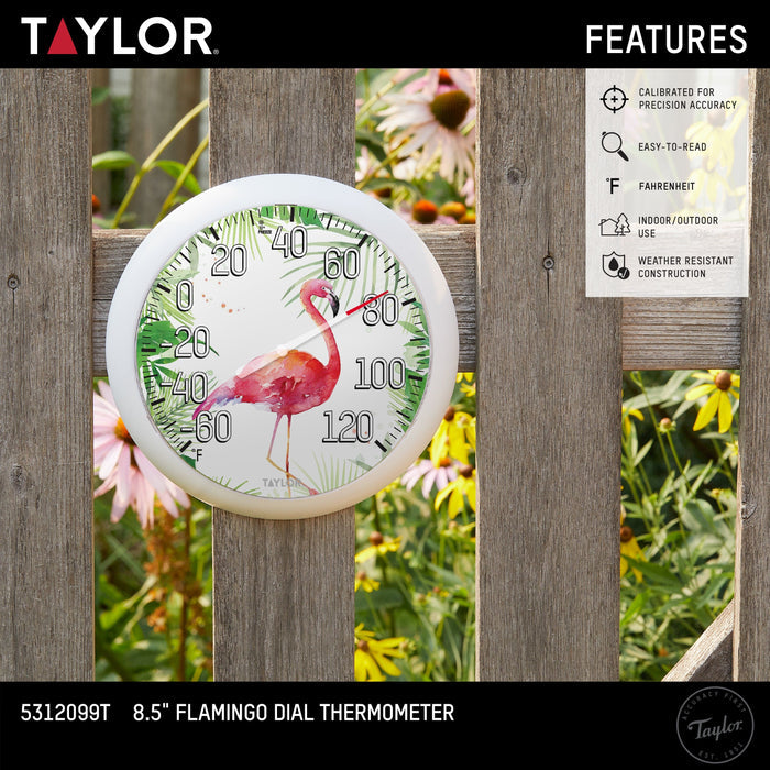 8.5 inch Flamingo dial thermometer displayed outdoors on a wooden fence with a features panel and Taylor branding