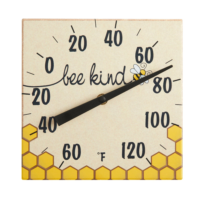 8x8 inch Bee Kind Ceramic Tabletop Thermometer with stand featuring a bee and honeycomb border.