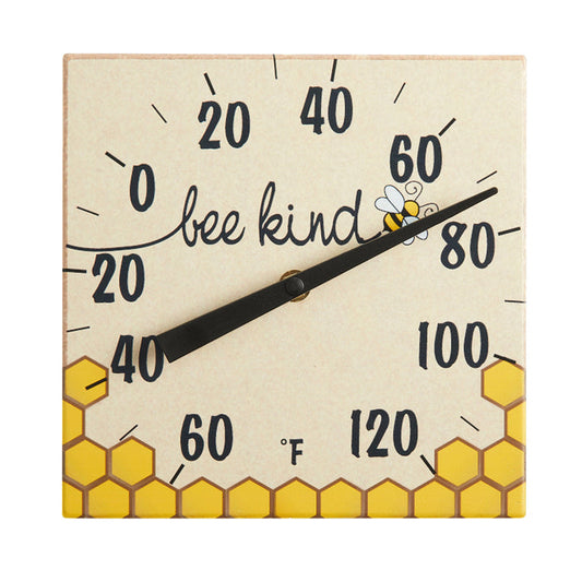 8x8 inch Bee Kind Ceramic Tabletop Thermometer with stand featuring a bee and honeycomb border.