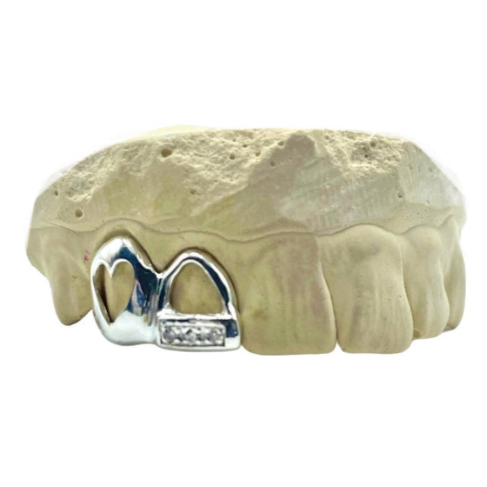 .925 Sterling Silver Open Face Diamond & Heart Window Grillz Top or Bottom 2pc