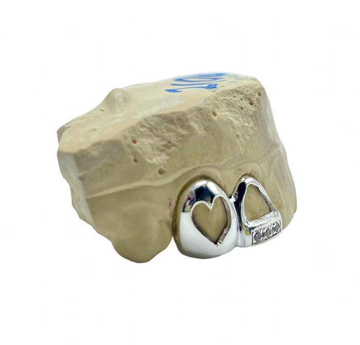 .925 Sterling Silver Open Face Diamond & Heart Window Grillz Top or Bottom 2pc