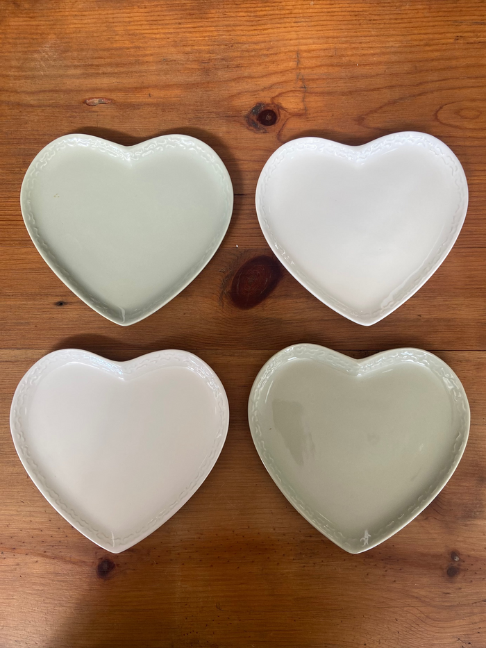 Vintage Heart Saucer Plates Set/4 Green & White - Deer Creek Mercantile
