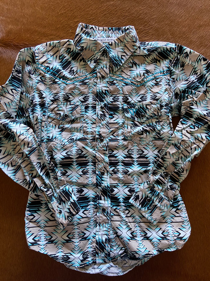 Pre-Loved Cowgirl Hardware Turquoise/Beige Pearl Snap Shirt *Youth M 7/8 - Deer Creek Mercantile