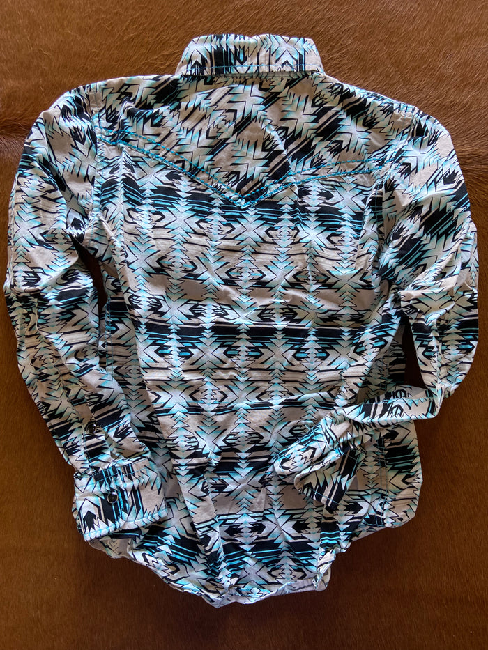 Pre-Loved Cowgirl Hardware Turquoise/Beige Pearl Snap Shirt *Youth M 7/8 - Deer Creek Mercantile