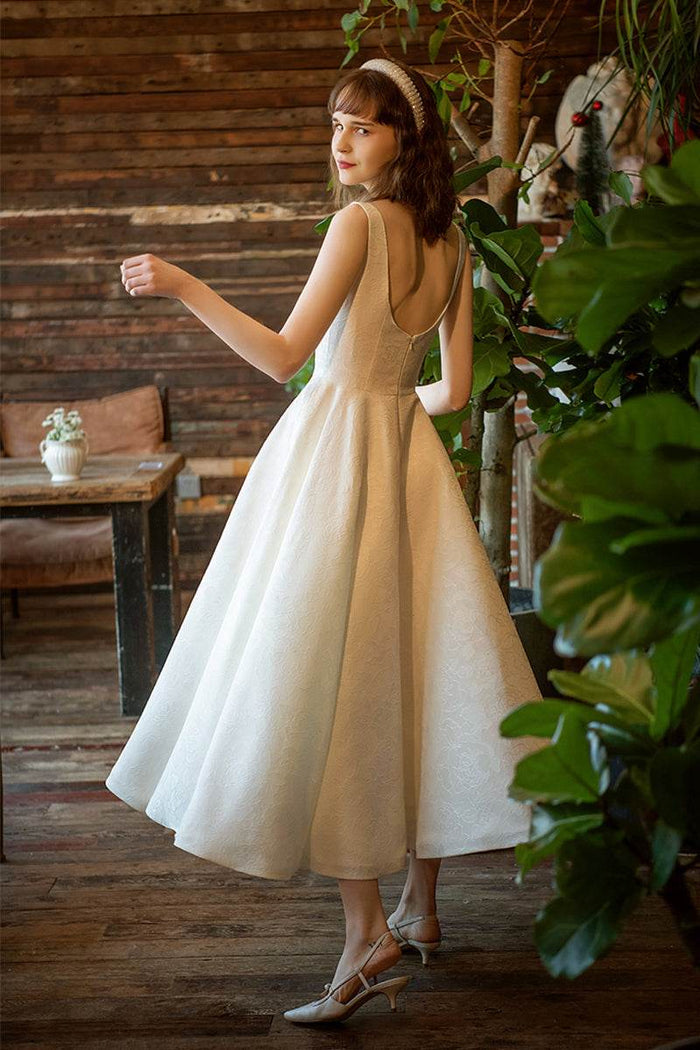 A-Line Ankle Length Jacquard Satin Wedding Dress 684433736237 - COCOMELODY