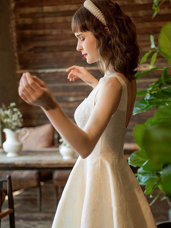 A-Line Ankle Length Jacquard Satin Wedding Dress 684433736237 - COCOMELODY