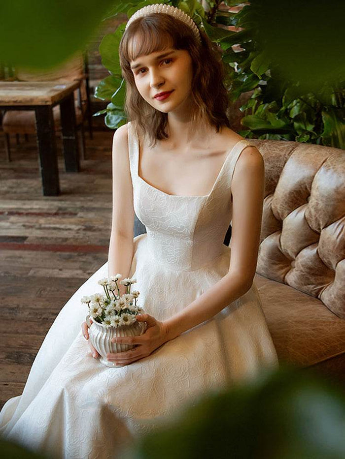 A-Line Ankle Length Jacquard Satin Wedding Dress 684433736237 - COCOMELODY