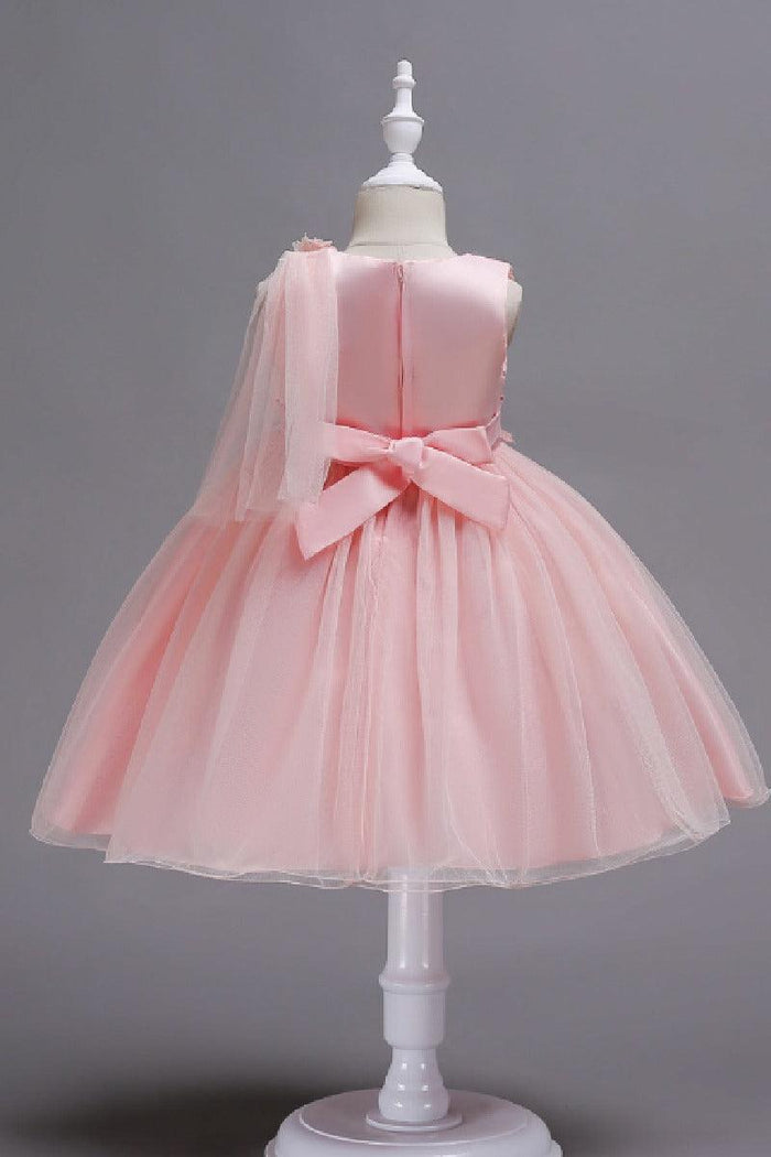 A-Line Asymmetric Single Tulle Scoop Neck Knee Length Flower Girl Dresses 1031495780881