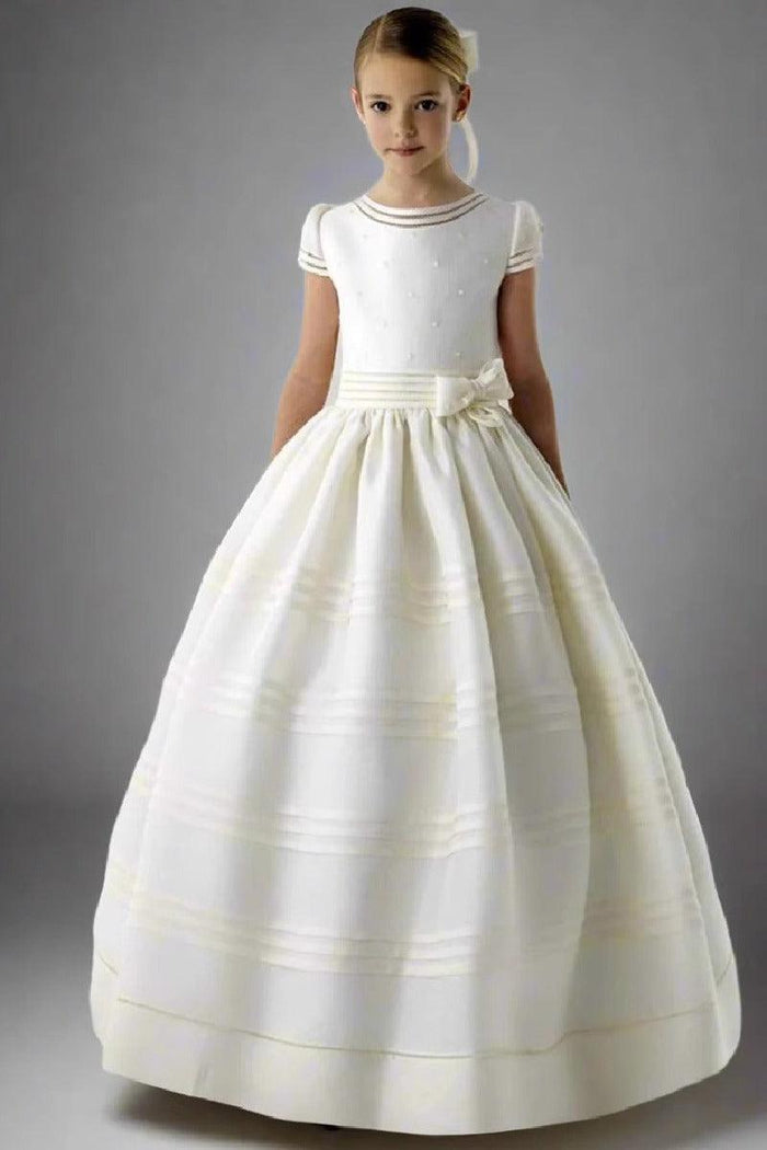 A-Line Bateau Neck Short Cap Puff Sleeves Satin Floor Length Flower Girl Dresses 920076518989