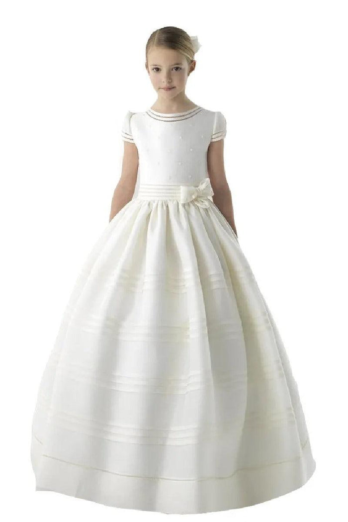 A-Line Bateau Neck Short Cap Puff Sleeves Satin Floor Length Flower Girl Dresses 920076518989