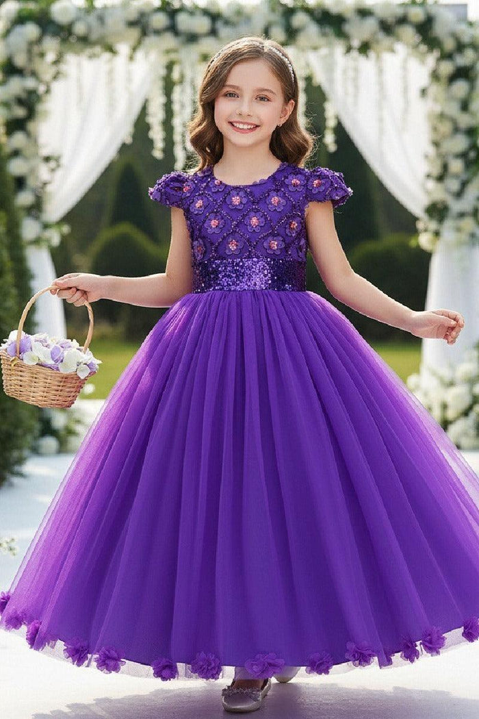 A-Line Cap Sleeve Floor Length Tulle Lace Flower Girl Dresses 1029258786044