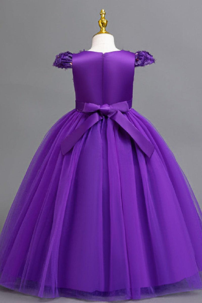 A-Line Cap Sleeve Floor Length Tulle Lace Flower Girl Dresses 1029258786044