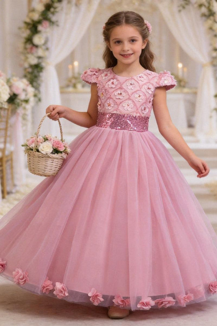 A-Line Cap Sleeve Floor Length Tulle Lace Flower Girl Dresses 1029258786044
