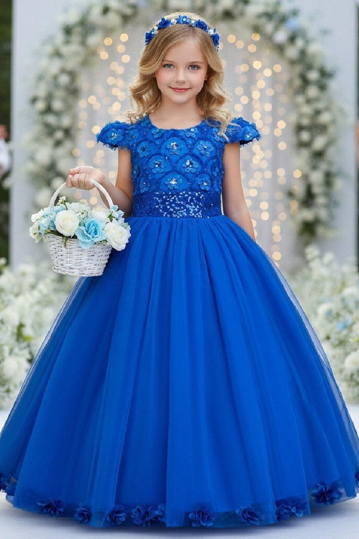 A-Line Cap Sleeve Floor Length Tulle Lace Flower Girl Dresses 1029258786044