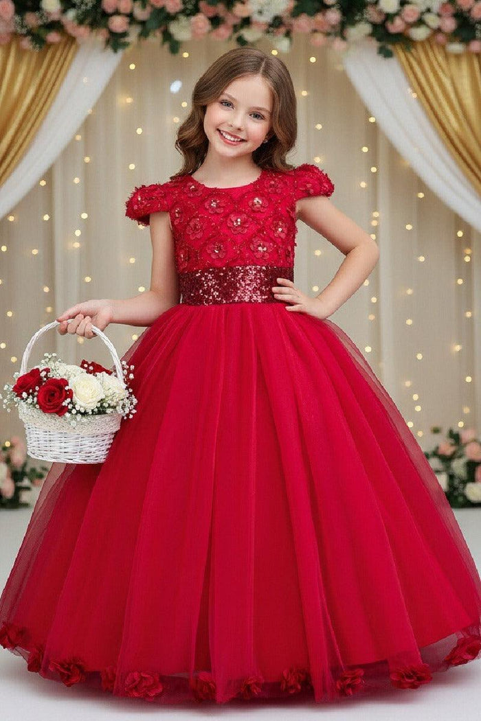 A-Line Cap Sleeve Floor Length Tulle Lace Flower Girl Dresses 1029258786044
