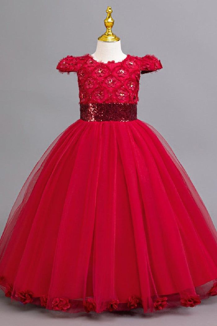 A-Line Cap Sleeve Floor Length Tulle Lace Flower Girl Dresses 1029258786044