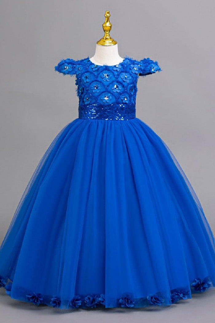 A-Line Cap Sleeve Floor Length Tulle Lace Flower Girl Dresses 1029258786044