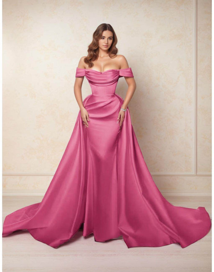A-Line Chapel Train Satin Prom Dress CS0416 - COCOMELODY