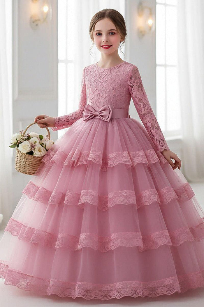 A-Line Long Sleeve Illusion Neck Tiered Lace Tulle Floor Length Flower Girl Dresses 1050524780369