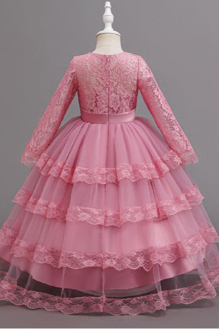 A-Line Long Sleeve Illusion Neck Tiered Lace Tulle Floor Length Flower Girl Dresses 1050524780369