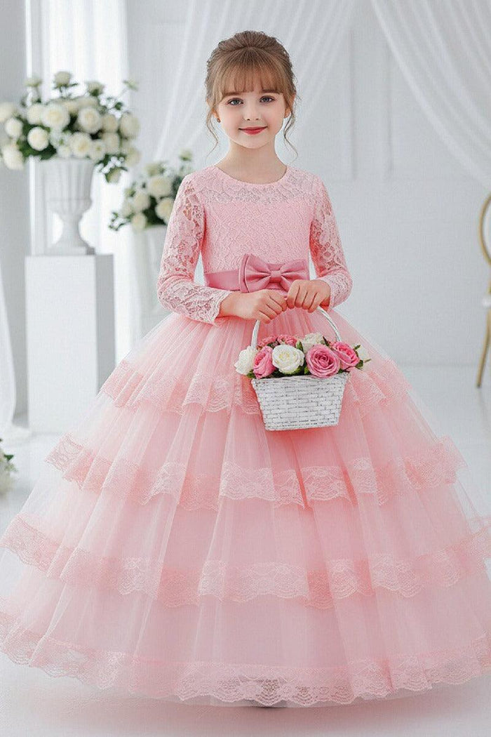 A-Line Long Sleeve Illusion Neck Tiered Lace Tulle Floor Length Flower Girl Dresses 1050524780369