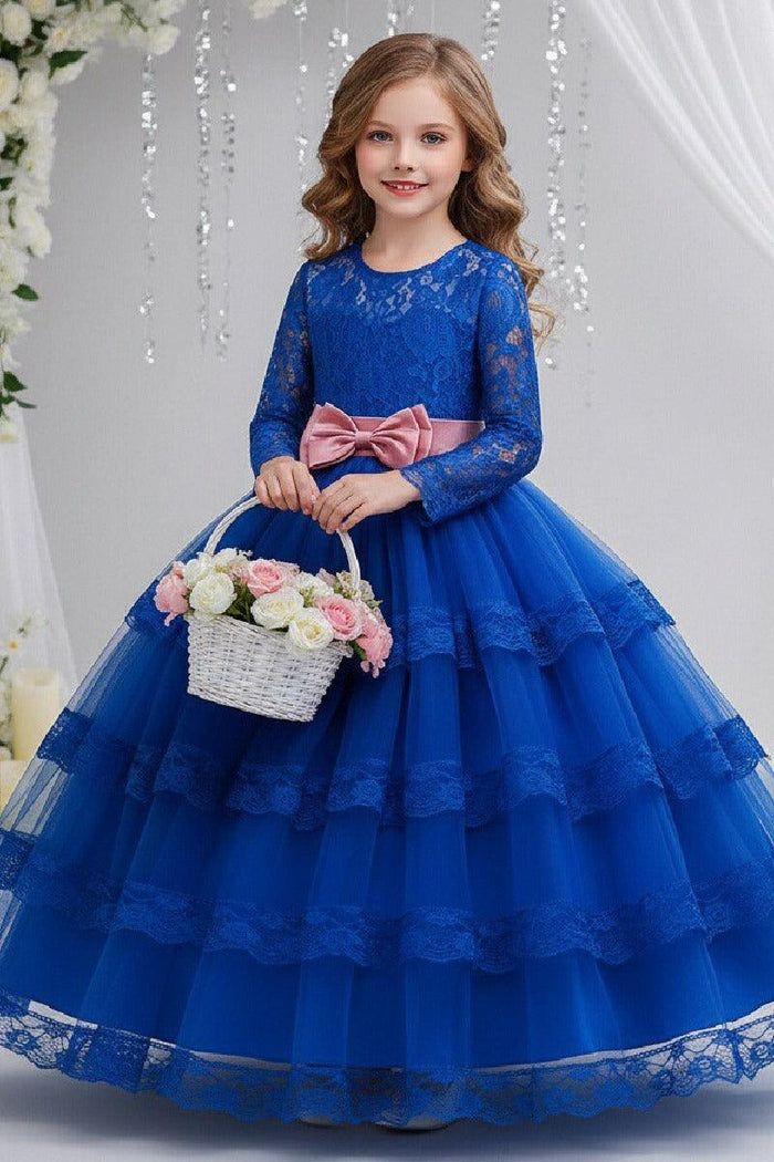 A-Line Long Sleeve Illusion Neck Tiered Lace Tulle Floor Length Flower Girl Dresses 1050524780369