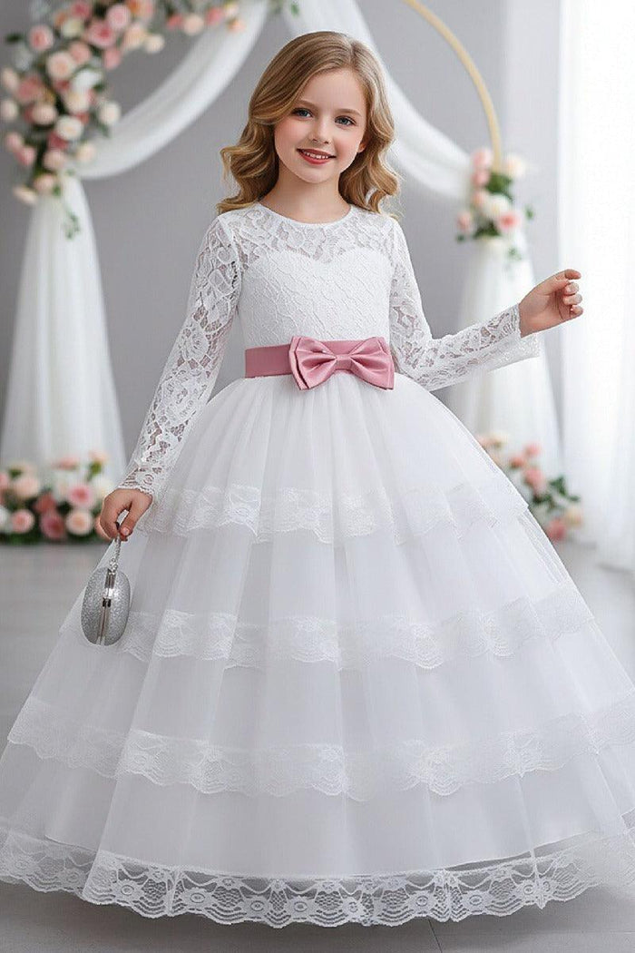 A-Line Long Sleeve Illusion Neck Tiered Lace Tulle Floor Length Flower Girl Dresses 1050524780369