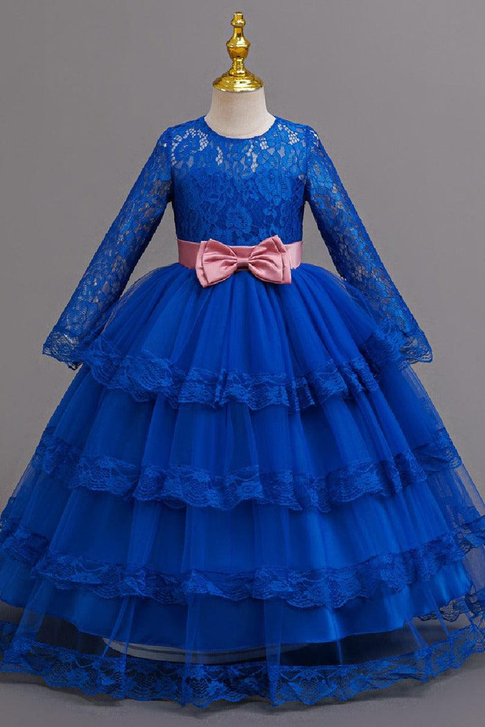 A-Line Long Sleeve Illusion Neck Tiered Lace Tulle Floor Length Flower Girl Dresses 1050524780369