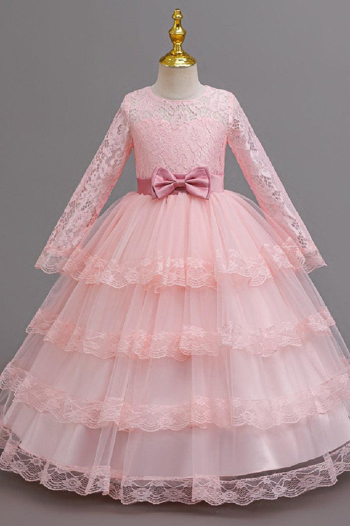A-Line Long Sleeve Illusion Neck Tiered Lace Tulle Floor Length Flower Girl Dresses 1050524780369